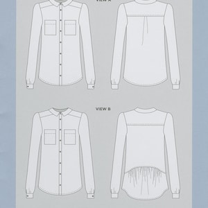 May include: A diagram of the Archer Button Up shirt pattern from Grainline Studio. The image shows front and back views of the shirt, labeled View A and View B. The pattern includes sizes 0-18.