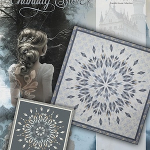May include: Image of a quilt pattern titled "Chantilly Star" with a snowflake design. The pattern is in shades of gray, white, and beige. The image also includes a woman with her back to the viewer, and the Marcus Fabrics logo.