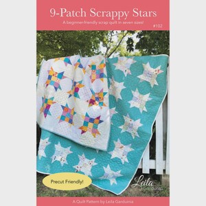 May include: Two quilts with star patterns are displayed. One quilt has a white background with colorful stars, and the other has a teal background with white stars. The text "9-Patch Scrappy Stars" and "Precut Friendly!" are visible.