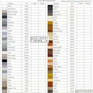 May include: Color chart for Glide 40 wt. Filament Polyester and Magna-Glide Delights fabric. The chart shows a variety of colors with their corresponding SKU numbers and available yardage.