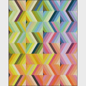 May include: A colorful geometric quilt with a repeating chevron pattern. The quilt features a variety of colors, including yellow, green, blue, pink, and orange. The design is made up of diagonal stripes, creating a visually appealing and modern look.