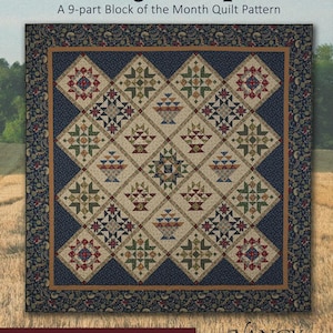 May include: A quilt titled "Vintage Sampler" with a 9-part block pattern. The quilt features a repeating diamond pattern with floral and basket motifs in shades of red, green, blue, and tan. The finished quilt size is 95 x 95 inches.