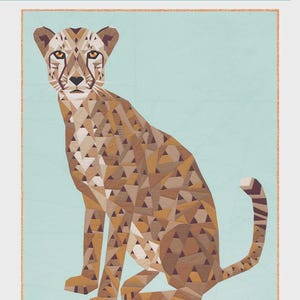 May include: A quilt titled "the CHEETAH ABSTRACTIONS" featuring a geometric cheetah design. The cheetah is composed of brown, tan, and cream-colored triangles on a light blue background. The text "a Foundation Paper Piecing Project by Violet Craft" is at the top.