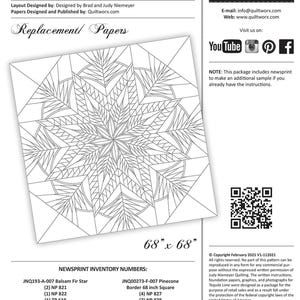 May include: A white paper pattern for a quilt project, titled "Tequila Lime." The design features a detailed, symmetrical starburst pattern. The dimensions are 68 x 68 inches. Includes inventory numbers and Quiltworx.com information.