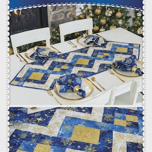 May include: A blue and gold lattice table runner with matching napkins and placemats. The table setting includes gold-rimmed plates, gold silverware, and gold napkin rings. The text "Lattice Table Runner" is at the top of the image.
