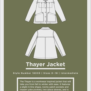 May include: A diagram of the Thayer Jacket by Grainline Studio. The white jacket design features a collar, pockets, and button closures. The text reads "Thayer Jacket" and "Sizes 0-18".
