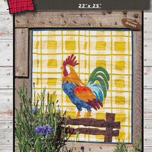 May include: A framed fabric art piece titled "Crow Like a Rooster," measuring 22" x 25". The artwork features a colorful rooster standing on a wooden fence in front of a yellow and white checkered background. The skill level is beginner.