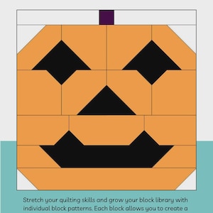 May include: A quilt block pattern titled The Sewing Loft Jack O' Lantern featuring an orange pumpkin design with black eyes, nose, and mouth, and a purple stem. The text includes mix & match, #Blocks2Quilt, and finished block sizes of 12" x 12" and 6" x 6".