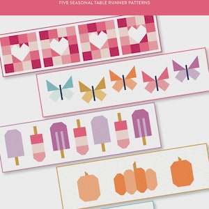 May include: A graphic design featuring five seasonal table runner patterns. The designs include hearts, butterflies, popsicles, pumpkins, and ornaments. The text "JOYFUL HOLIDAYS" is displayed in white on a pink background.