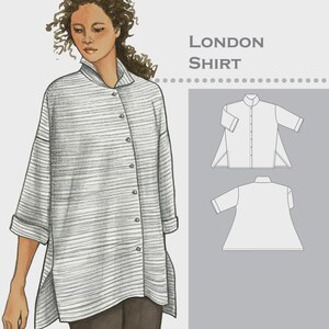 May include: A woman wearing a gray and white striped shirt with a mandarin collar and button closure. The shirt is part of the "London Shirt" pattern from The Sewing Workshop. The image also includes a pattern illustration.