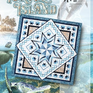 May include: A quilt pattern titled "Turtle Island" featuring a central star design in shades of blue and white. The image includes a background of ocean and turtles, with the Hoffman logo and Quiltworx.com.