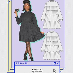 May include: A black, long-sleeved dress with a tiered skirt and high neckline is featured in the image. The text "STRANGE & UNUSUAL" is at the top. The text "FANGXRL" is at the bottom, along with sewing pattern details and size range.