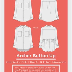 May include: Diagram of the Archer Button Up shirt from Grainline Studio, showing front and back views. The white shirt has long sleeves, a collar, and two front pockets. Text includes "Archer Button Up" and "grainlinestudio.com".