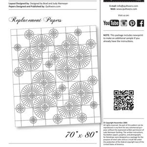 May include: A black and white quilt pattern titled "Raindrops" with a grid design and circular motifs. The package includes replacement papers and measures 70" x 80". Designed by Brad and Judy Niemeyer and published by Quiltworx.com.