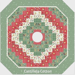 May include: A Pooh Tree Skirt quilt pattern by Castilleja Cotton, featuring a festive octagonal design in red, green, and cream. The pattern includes Winnie the Pooh motifs, holiday ornaments, and trees. It measures 40 inches by 40 inches.