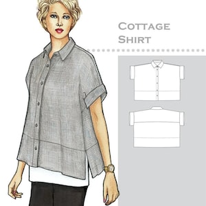 May include: A gray short-sleeved Cottage Shirt pattern from The Sewing Workshop Collection. The image shows a woman wearing the shirt, with a white undershirt and black pants. The pattern includes a diagram of the shirt design. The Sewing Workshop Collection www.sewingworkshop.com.