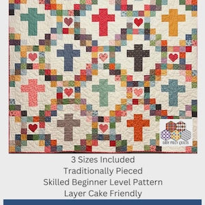 May include: A quilt pattern titled Perfect Peaces, Pattern #110 by Easy Piecy Quilts. The quilt features a grid of multicolored fabric squares forming a lattice design with alternating solid-colored crosses and small hearts on a cream background.