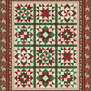 May include: A Christmas-themed quilt featuring a patchwork design with red, green, and cream-colored star patterns. The quilt has a red border with floral and bow accents, and the star blocks are set against a cream background.