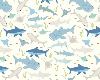 RIPTIDE Main CREAM BTY Yard 1/2 Yard 1/4 Yard Sharks Ocean Citrus and Mint Designs Riley Blake Designs