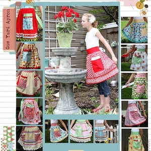 May include: A collage of colorful aprons with various patterns, including polka dots, gingham, and floral designs. The aprons feature pockets and decorative trim. The text "bee in my bonnet designs by Lori Holt" is visible.