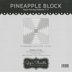 May include: A paper piecing pattern for a pineapple block quilt. The package includes 36 paper piecing patterns and a master copy. The finished block size is 12 3/8" x 12 3/8". The pattern is from Gigi's Thimble quilt patterns.