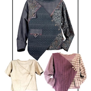 May include: Image features three unique, patchwork-style tops. The top example is a long-sleeved design in dark blue with patterned accents. The other two are short-sleeved, one in beige and the other in burgundy and plaid. Text reads "Sew Unique Sew Simple."