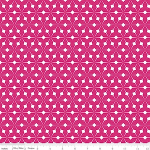 May include: A pink fabric with a white geometric pattern of repeating stars. The fabric is 12 inches wide.