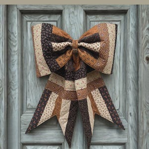 May include: A large quilted bow made from fabric strips in shades of brown, black, and cream with floral patterns. Text reads: THE BIG GIANT QUILTED JELLY ROLL BOW, Made to be reversible, Designed for 2.5" strips, 2 style options included, LINDSEY GRACE CREATES.