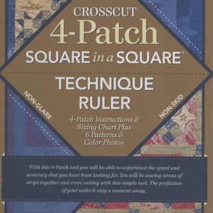 May include: A quilting ruler titled "Crosscut 4-Patch SQUARE in a SQUARE TECHNIQUE RULER." The cover features a patchwork design in shades of blue, tan, and red. The ruler includes instructions, a sizing chart, patterns, and color photos. It is non-glare and non-skid.