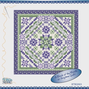 May include: A quilt pattern titled "Greenhouse Gate" featuring a central design of purple and green starbursts and geometric shapes. The quilt has a floral border and the text "A Block of the Month or Anytime Quilt!" is visible.