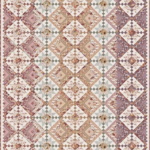 May include: A patchwork quilt with a repeating diamond pattern. The quilt features various floral and geometric patterns in shades of pink, beige, and lavender. The design includes squares, diamonds, and floral motifs, creating a cozy, handcrafted aesthetic.