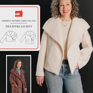 May include: A woman wearing a cream-colored Helsinki jacket, paired with light blue jeans. The jacket has a wide collar and a minimalist design. A graphic on the left shows a sewing pattern for the jacket, labeled "Helsinki Jacket" and "Women's Pattern, Sizes XXS-XXL."