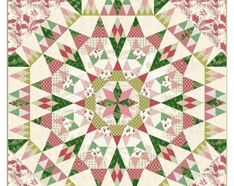 May include: A pieced quilt pattern titled "Montana - Noel" with a starburst design. The quilt features red, green, and cream-colored fabrics. The quilt size is 60½" x 60½". The pattern is from Laundry Basket Quilts.