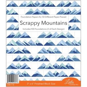 May include: A package of "Scrappy Mountains" foundation papers for paper piecing. The design features a repeating pattern of blue and teal mountain shapes. The package includes 100 foundations, each 3" x 6" when finished.