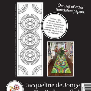 May include: A black and white graphic featuring a quilt pattern with circular designs and the text "The Four Seasons." Includes a photo of a table runner with a colorful circular pattern. The text "Jacqueline de Jonge BeColourful" is also present.