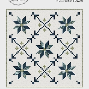 May include: A quilt pattern titled "Northern Lights" with a star design. The quilt features navy blue and floral patterned stars on a cream background. Finished size is 63" x 63" or 101" x 101".