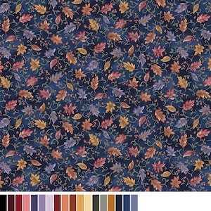 May include: A fabric with a dark blue background featuring a repeating pattern of autumn leaves and vines. The leaves are in shades of orange, red, yellow, and purple, with small red berries scattered throughout the design. The vines are a muted green.