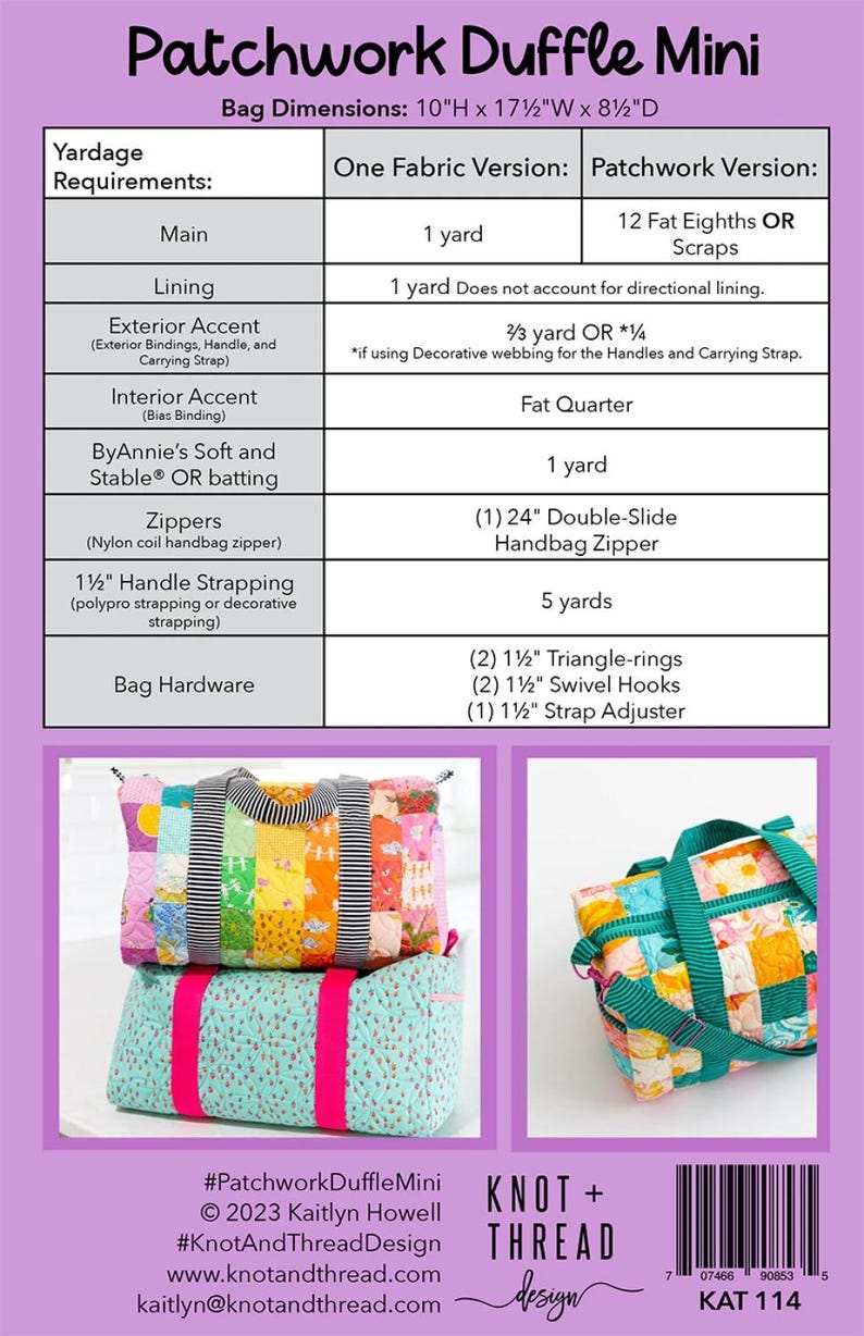 Patchwork Duffle Mini Pattern | Knot and Thread Designs, Kaitlyn Howell ...