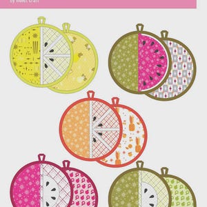May include: A pattern for fruit slice pot holders. The design features six different pot holders, each with a unique fruit slice design, including watermelon, lemon, and orange. The text "FRUIT SLICE POT HOLDERS pattern" is displayed at the top.