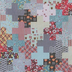 May include: A patchwork quilt with a variety of patterned fabrics in red, blue, gray, and yellow. The quilt features a plus sign design. The word "ARITHMETIC" is at the top. The text "# 103 A Patchwork Plus Quilt in Six Sizes" is at the bottom.