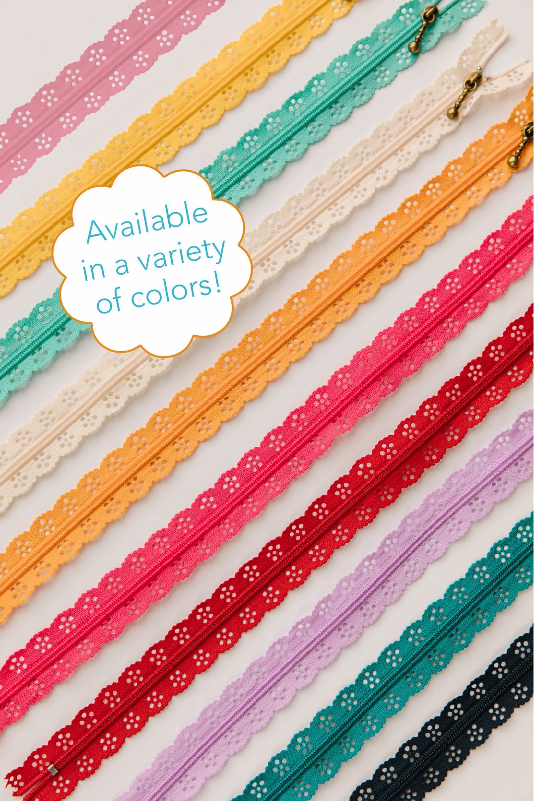 KimberBell Lace Zipper | Scalloped Eyelet 14 inch Zipper | Machine Embroidery