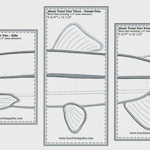 May include: Five rectangular sewing pattern panels for a trout, labeled About Trout Part One through Five. Each panel features black line drawings of fish anatomy, including the head, gills, fins, and tail, with dimensions like 5 3/4" x 10 1/2".