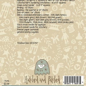 May include: A beige background with a bird applique pattern. The pattern includes a bird with a white body and a blue tail, surrounded by flowers. The text "Hatched and Patched" is printed in black at the bottom of the image. The text "P076" and "2011" are printed in black at the top of the image.