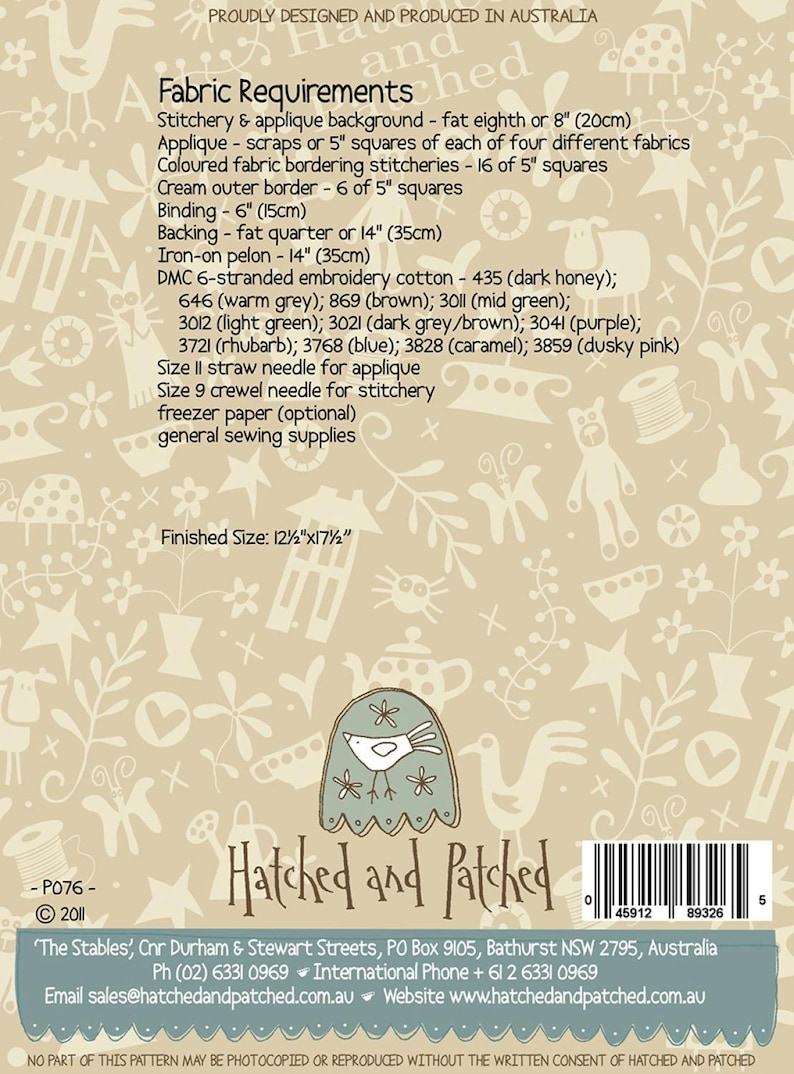 May include: A beige background with a bird applique pattern. The pattern includes a bird with a white body and a blue tail, surrounded by flowers. The text "Hatched and Patched" is printed in black at the bottom of the image. The text "P076" and "2011" are printed in black at the top of the image.