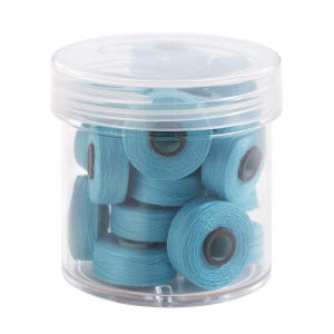 May include: A clear plastic container filled with 15 spools of light blue thread.