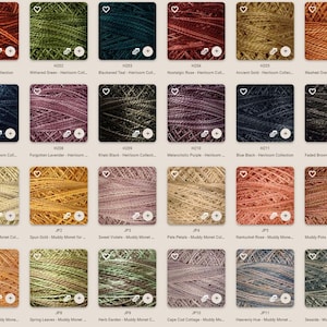 May include: A collection of 24 skeins of embroidery floss in various colors, including rust, withered green, blackened teal, nostalgic rose, ancient gold, washed orange, darkened blue, forgotten lavender, khaki black, melancholic purple, blue black, faded brown, sunwashed, spun gold, sweet violets, pale petals, Nantucket rose, muddy pets, faded marigold, spring leaves, herb garden, cape cod cottage, heavenly hue, and seaside. Each skein is labeled with a color name and a number.
