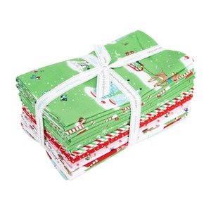 May include: A stack of 14 green, red, white, and pink fabric squares with a white ribbon tied around them. The fabric has a Christmas theme with images of reindeer, snowmen, and candy canes.
