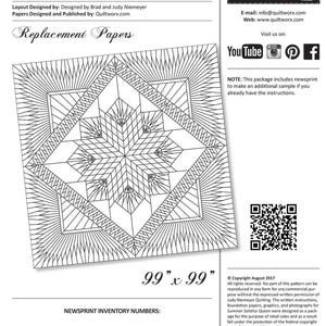 May include: A black and white quilt pattern titled "Summer Solstice Queen" with a geometric design. The pattern measures 99 x 99 inches and includes newsprint inventory numbers. Designed by Brad and Judy Niemeyer.