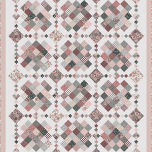 May include: A patchwork quilt with a repeating diamond pattern. The quilt features squares of floral, gingham, and solid fabrics in shades of pink, red, gray, and cream. A border of small dots and floral patterns frames the quilt.