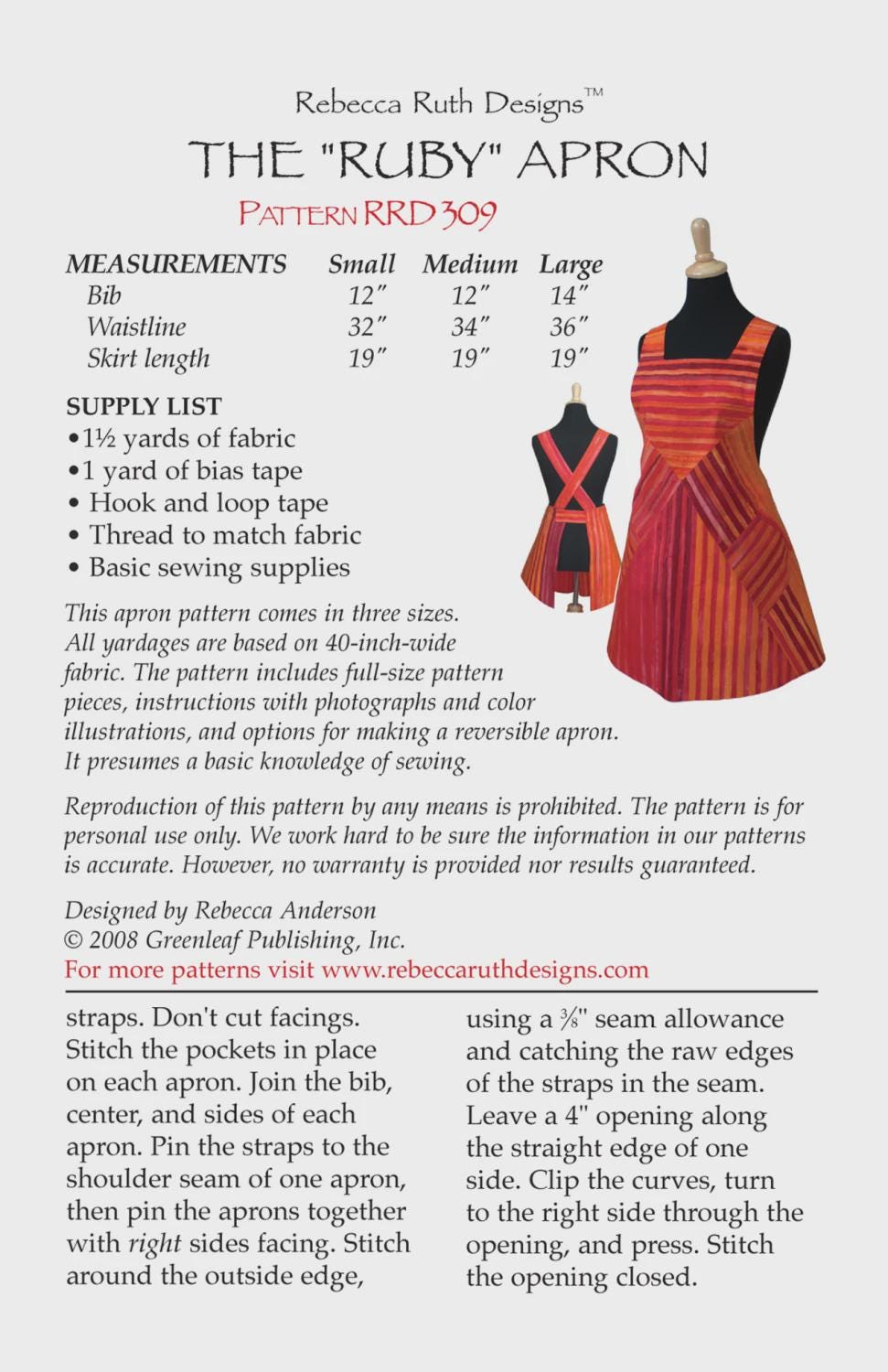 Ruby Apron Pattern | RRD309 | Rebecca Ruth Designs, Rebecca Anderson ...